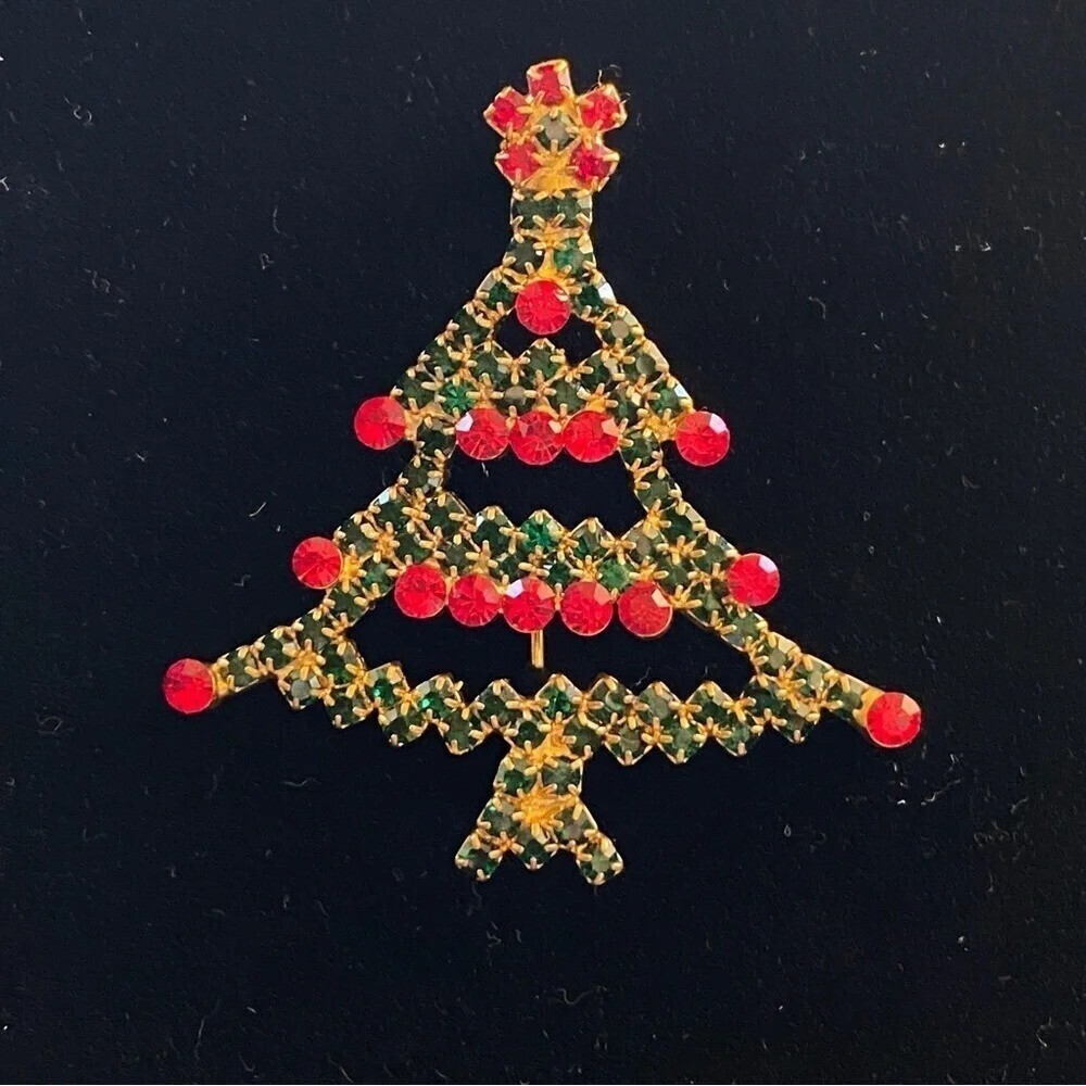Vintage Sparkly Red Green Rhinestone Gold Christmas Tree Brooch